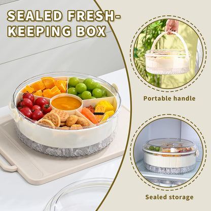 Fruit Ice Divided Serving Tray with Lid and handle,Chilled Veggie Tray,Shrimp Cocktail Serving Dish,Ideal Cold Chilled Serving Platter for Parties,Vegetables,Appetizer,Salads,Picnic,Appetizers,Travel