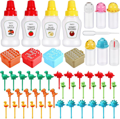 50 Pcs Kids Bento Box Accessories Including Food Picks Mini Condiment Bottles Ketchup Squeeze Bottles, Mini Soy Sauce Container with Funnel for Kids School Bento Camping Office Accessories (Animal)