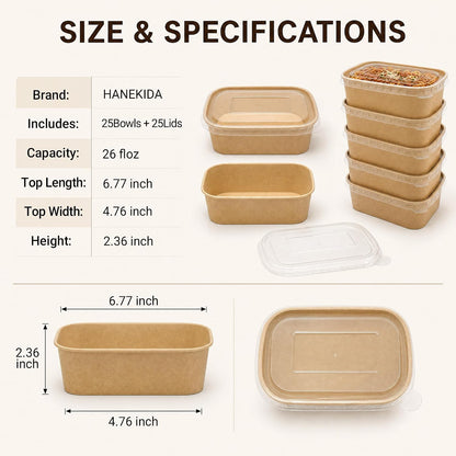 34 oz Paper Bowls with Lids, 50 Count Disposable Meal Prep Containers