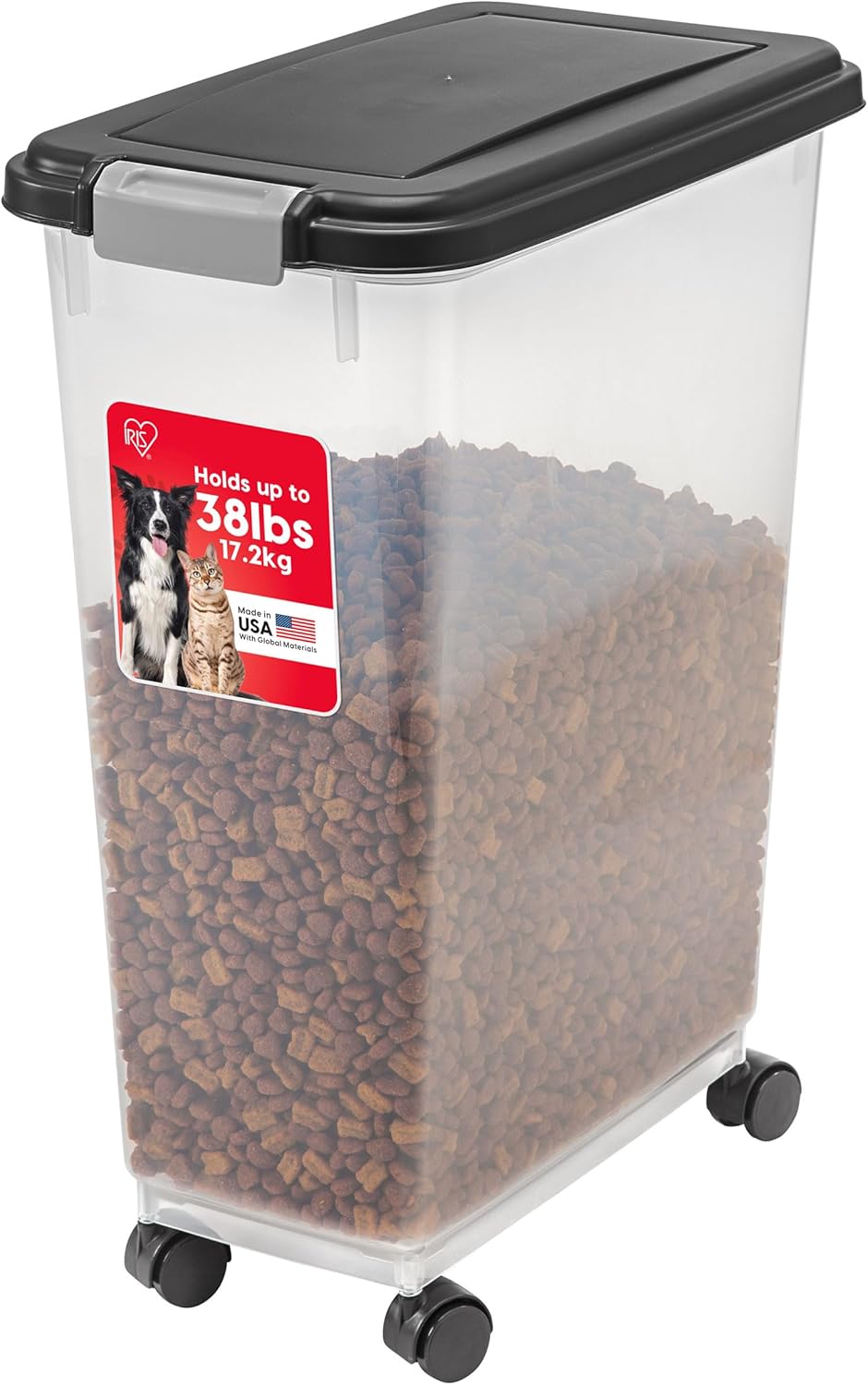 IRIS USA Airtight Dog Food Storage Container, Up to 30 lbs, Attachable Wheels, for Dog Cat Bird and other Pet Food Storage Bin, Keep Fresh, Easy Mobility, BPA Free, Black