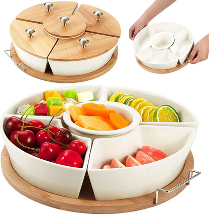 Rtteri 360° Rotatable Lazy Susan Serving Tray with Bowls 11.4'' Chip and Dip Serving Set, 5 Removable Compartment Divided Serving Dishes Ceramic Porcelain Taco Bar Platters and Trays for Party