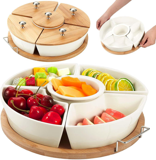 Rtteri 360° Rotatable Lazy Susan Serving Tray with Bowls 11.4'' Chip and Dip Serving Set, 5 Removable Compartment Divided Serving Dishes Ceramic Porcelain Taco Bar Platters and Trays for Party