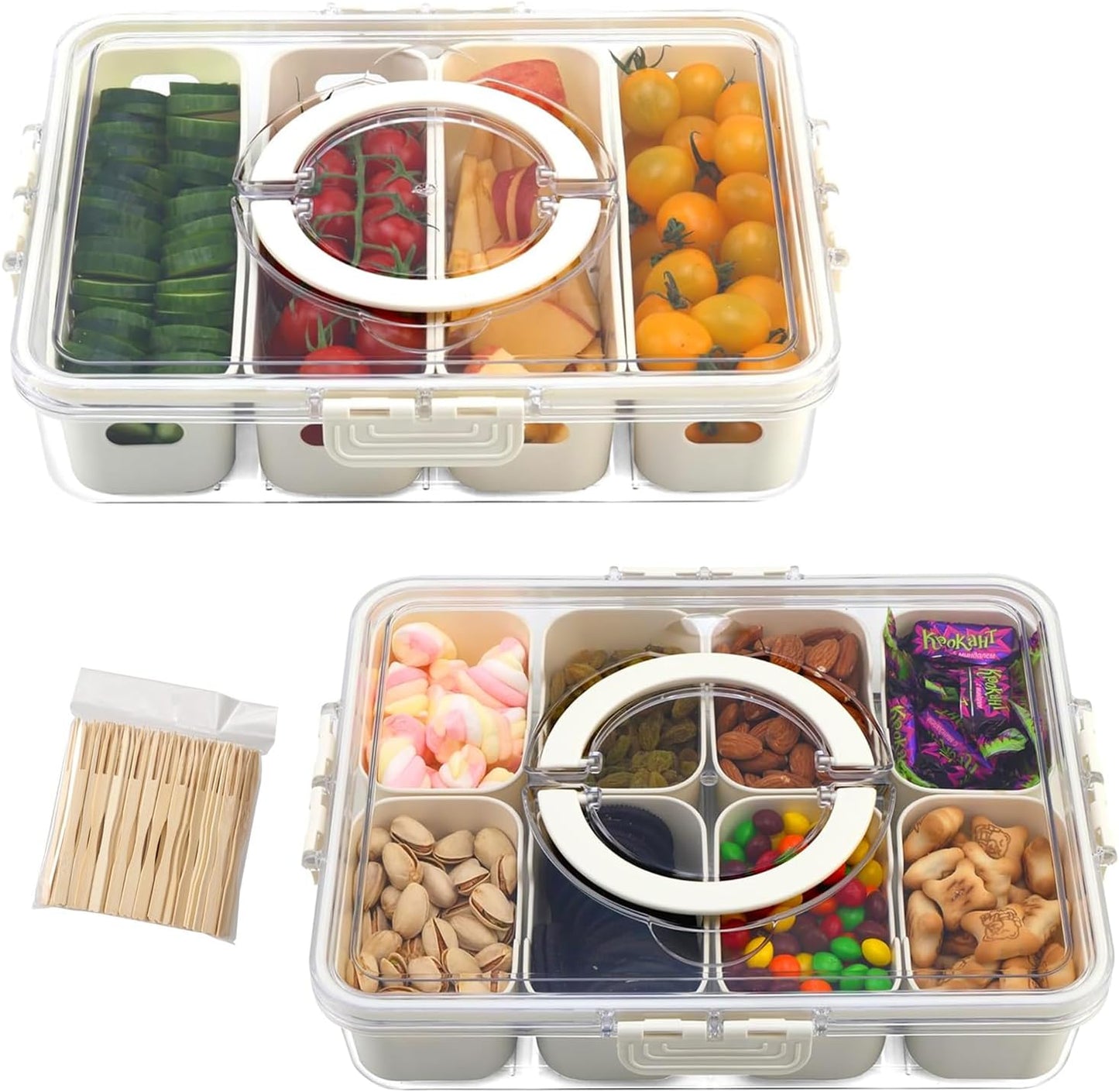 Divided Serving Tray with Lid & Handle| Multi-Purposed Snackle Box Bundle 8ct & 4ct Dividers 20pc Mini Forks| Snackle Box Container for Fruits Nuts Candy Charcuterie Platters Road Trips Picnics