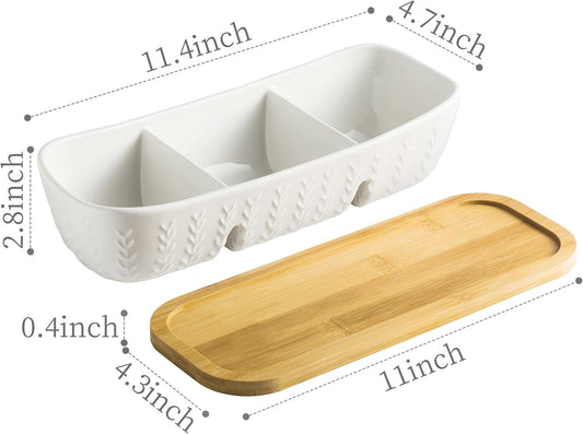 Miamolo 3 Compartment Condiment Tray, Chip and Dip Bowl with Wooden Serving Tray, Perfect for Snacks, Appetizers, Charcuterie, Chips, Candy, 10-inch Chip and Dip Serving Set for Parties