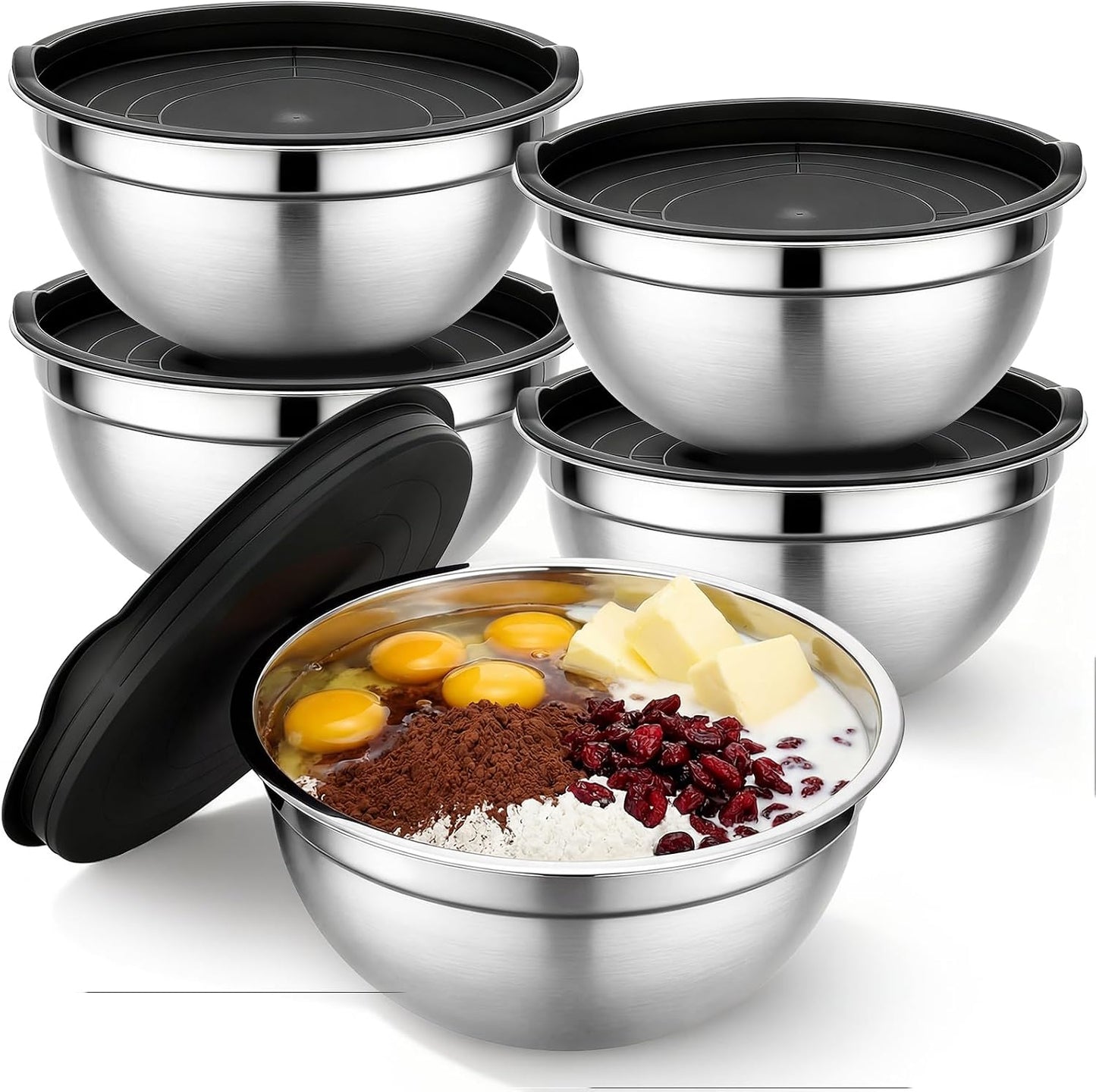 Beasea Stainless Steel Mixing Bowls, 5 Pack 1.5 QT Stackable Nesting Mixing Bowls with Airtight Lids, Metal Bowl with Lid for Baking, Meal Prepping, Salad, Serving, Food Storing