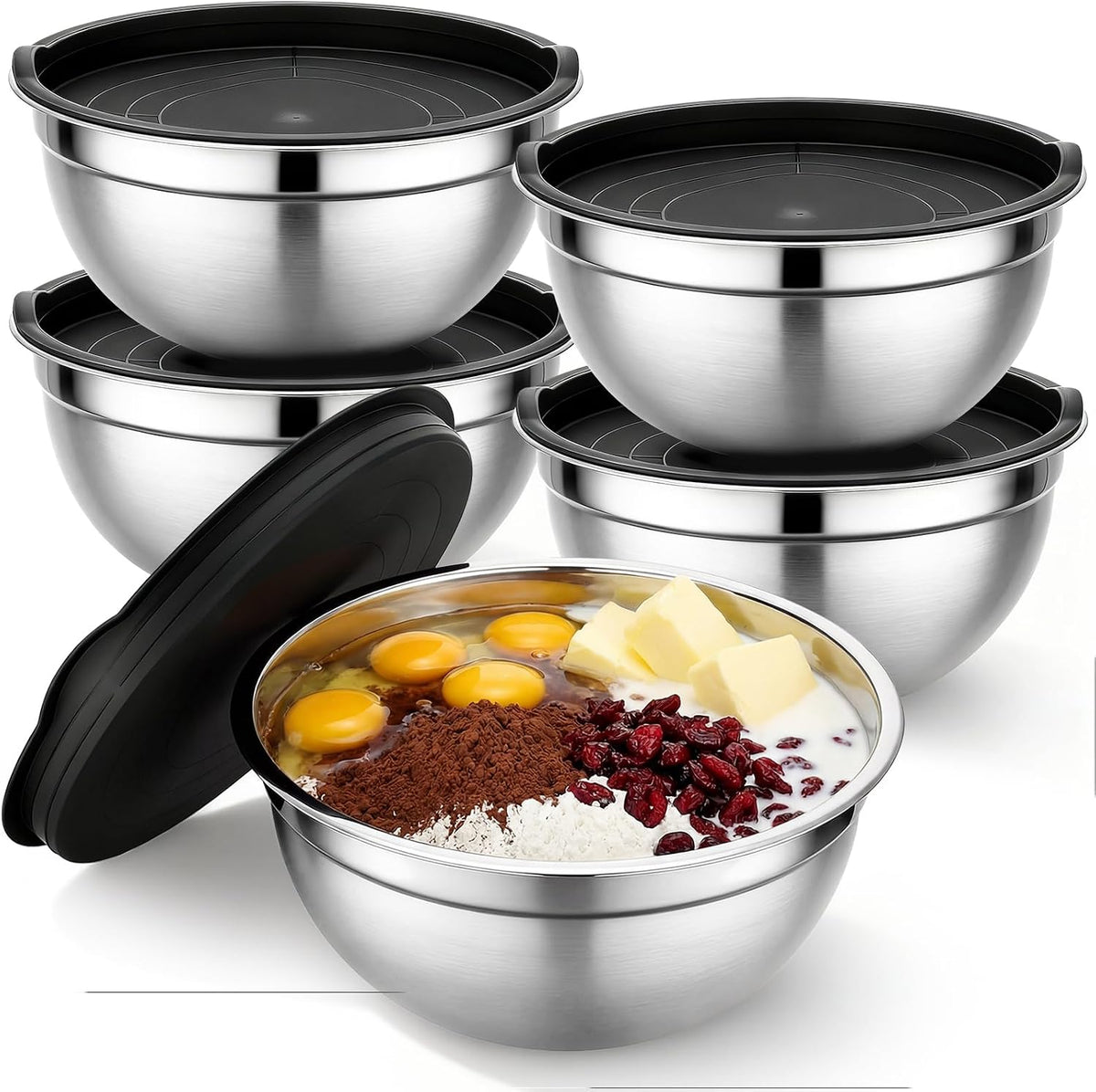Beasea Stainless Steel Mixing Bowls, 5 Pack 1.5 QT Stackable Nesting Mixing Bowls with Airtight Lids, Metal Bowl with Lid for Baking, Meal Prepping, Salad, Serving, Food Storing