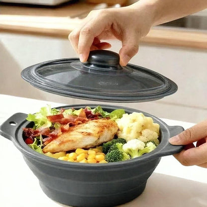 Collapsible Silicone Microwave Vegetable Steamer with Removable Steam Rack,42oz Heat-Resistant Cooker with Steam Holes,Easy to Store Freezer Dishwasher Safe,BPA Free (Grey)