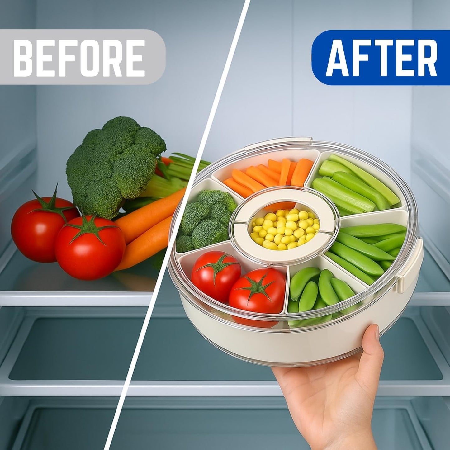 2 Pack Rotating Snackle Box Container with Lid and Handle | 6 Compartments Round Lazy Susan 360° Divided Serving Tray, Portable Clear Organizer for Fruit, Candy, Veggies, Charcuterie, Party & Picnic