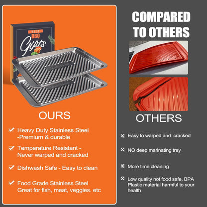Grilling Prep and Serve Trays, Set of 2 Stackable Stainless Steel BBQ Trays, Deep Marinating Container, Serving Platter for Plating Food, BBQ Prep Tub for Marinating Meats, Grill Accessories