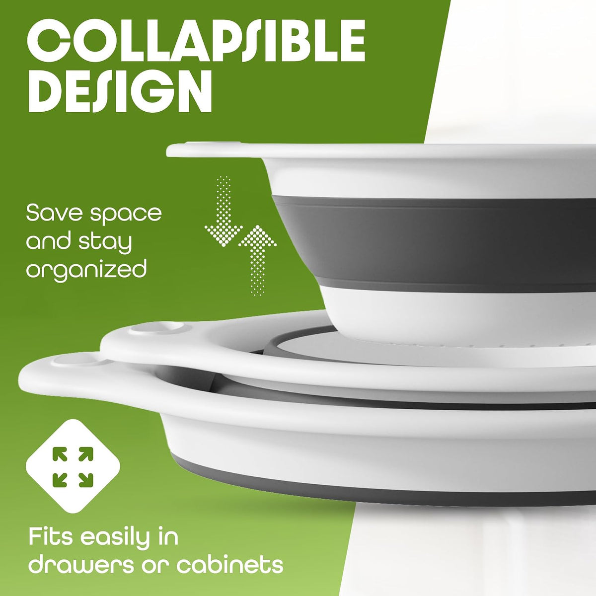 Collapsible Colanders (2 Pack Set) Food Strainers with Over-Sink Water Draining Base for Pasta Fruits and Vegetables (4 and 5 Quart) - White Beige