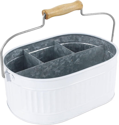 Alpha Living Home Galvanized Metal Utensil Caddy - Rustic Farmhouse Organizer Metal Garden Caddy with 4 Compartments and Wooden Handle for Kitchen, Buffet & Outdoor Events (Silver)