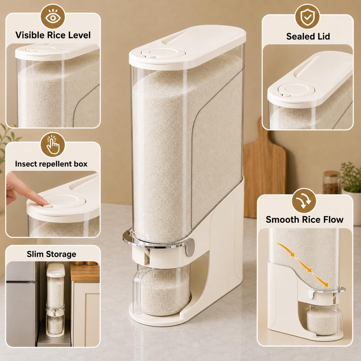 Rice Dispenser 11 Lb, Slim Rice Storage Container with Double Sealing Strip, Press to Dispense Cereal Container Airtight for Kitchen Pantry Organization, (Ivory White-11lb)