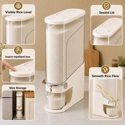 Rice Dispenser 11 Lb, Slim Rice Storage Container with Double Sealing Strip, Press to Dispense Cereal Container Airtight for Kitchen Pantry Organization, (Ivory White-11lb)