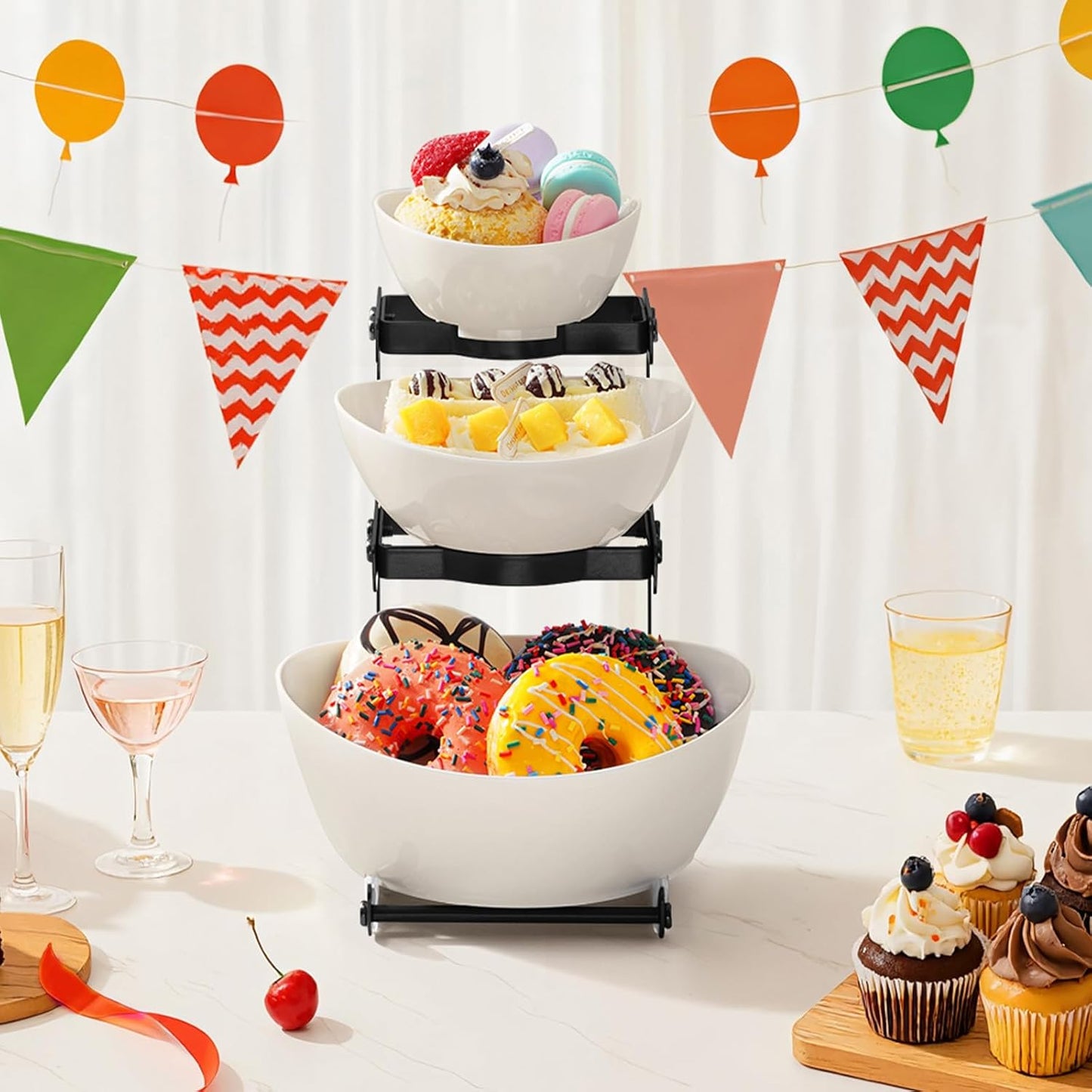 Lifewit 3 Tier Plastic Serving Bowls with Black Metal Stand, Chips and Dip Serving Tray Set for Entertaining Party, Crack-Proof Serving Platters for Fruit/Snack/Candy, 31 x 20 x 27 cm/12 x 8 x 10.6