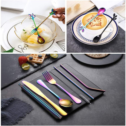 Travel Utensils Set with Case Reusable Stainless Steel Silverware Flatware Set 9 Pcs Portable Cutlery Eating Utensils Set for Lunch Boxes Workplace Camping School, Dishwasher Safe (Multi)