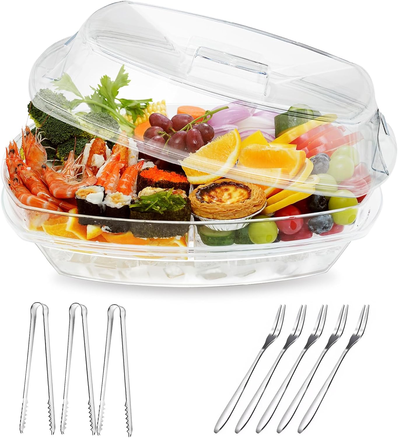 Luckore Chilled Ice Serving Tray, 15.1" Ice Chilled Party Platter, 3 Layers Veggie Platter with Lid, Stackable Appetizer Party with 4 Compartments for Shrimp, Fruits, Veggies