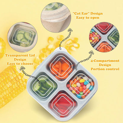 6 Pack Snack Containers, 4 Compartment Snack Box Containers Bento Box, Reusable Meal Prep Lunch Containers for Adults Kids Toddler, Divided Food Containers for Travel Work School