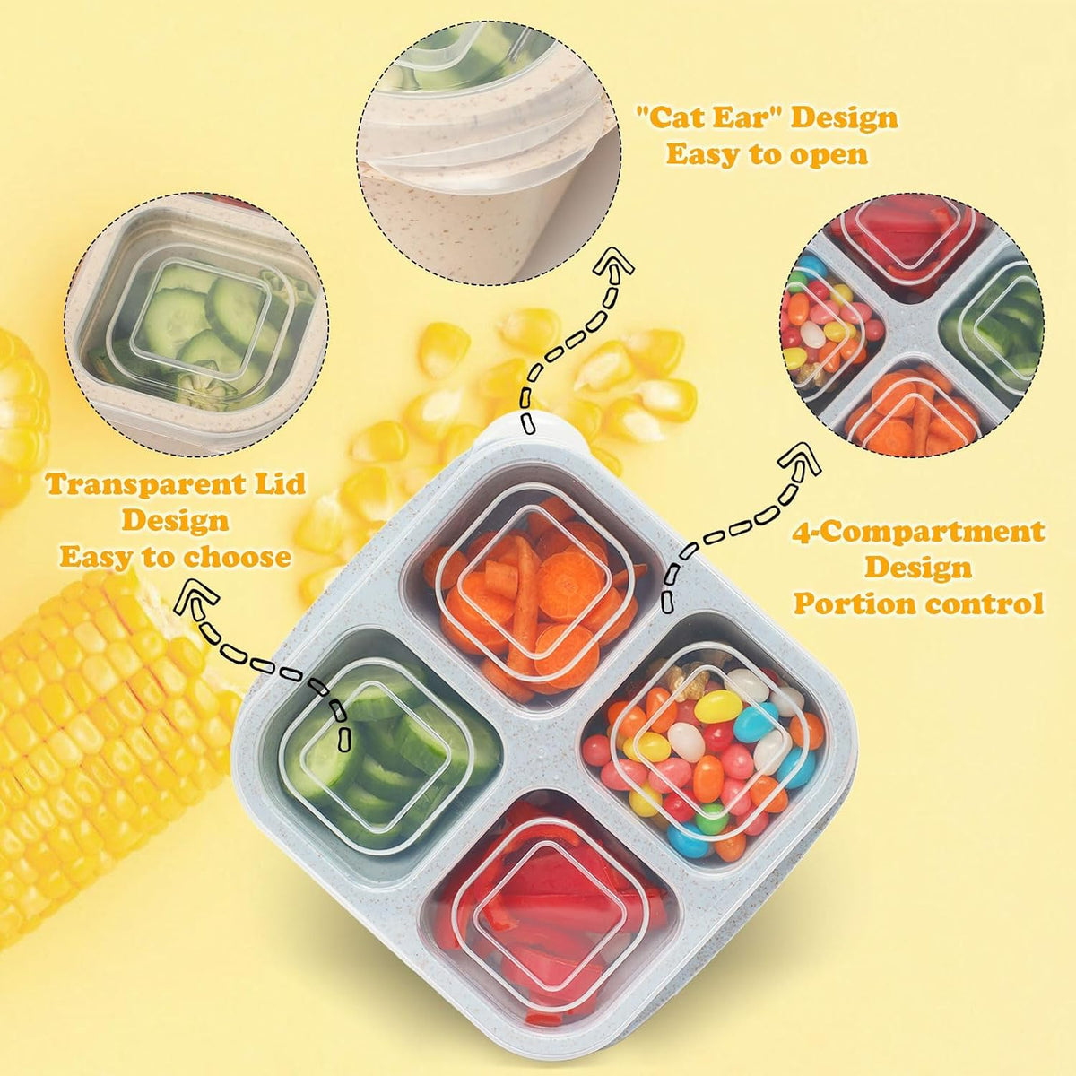 6 Pack Snack Containers, 4 Compartment Snack Box Containers Bento Box, Reusable Meal Prep Lunch Containers for Adults Kids Toddler, Divided Food Containers for Travel Work School