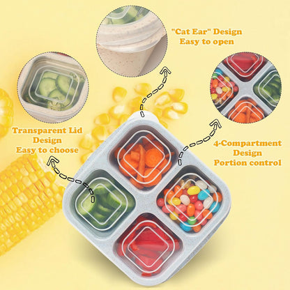 6 Pack Snack Containers, 4 Compartment Snack Box Containers Bento Box, Reusable Meal Prep Lunch Containers for Adults Kids Toddler, Divided Food Containers for Travel Work School