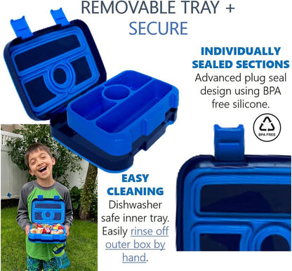Kids Lunch Box - Bento Box for Boys Toddler Daycare, 4 Portion Sections with Lid, Snack Container Pre-School Kid Lunches Toddlers Removable Tray BPA Free, 3+ Years Old, Blue Rocket Dinosaur