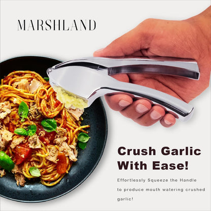 Heavy Duty Garlic Press, Zinc Alloy Garlic Crusher & Mincer, Stainless Steel Dishwasher Safe Easy Squeeze Garlic Twister Mincer with Peeler & Cleaning Brush, Kitchen Gadgets for Garlic, Ginger, Spices