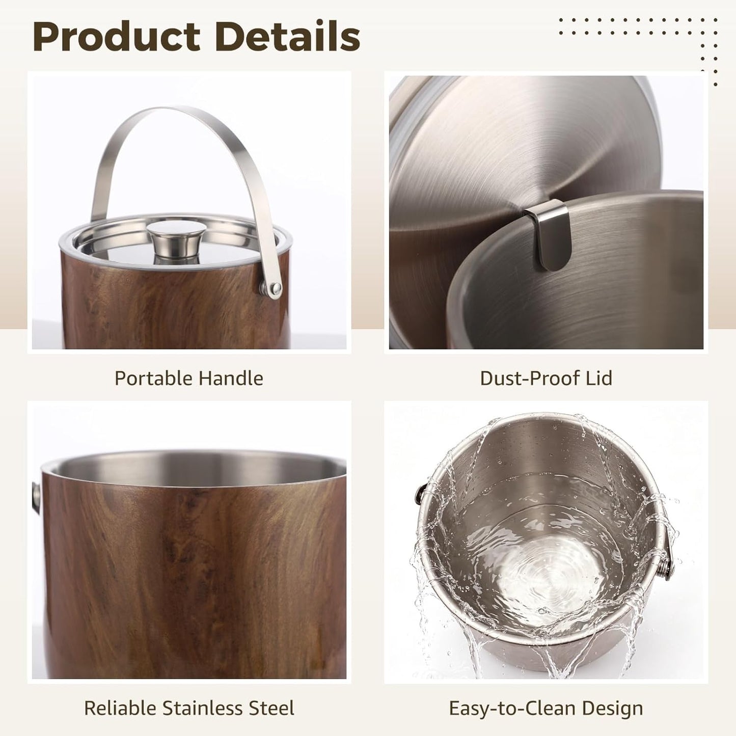 Double-Walled Stainless Steel Ice Bucket with Lid, 7.09 x 7.01 in, Wood Grain Insulated Ice Container with Scoop, Tongs, Strainer, for Home Bar, Parties