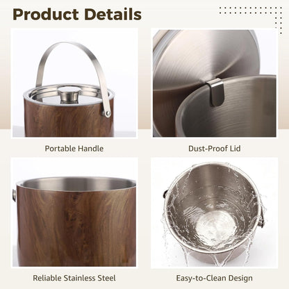 Double-Walled Stainless Steel Ice Bucket with Lid, 7.09 x 7.01 in, Wood Grain Insulated Ice Container with Scoop, Tongs, Strainer, for Home Bar, Parties