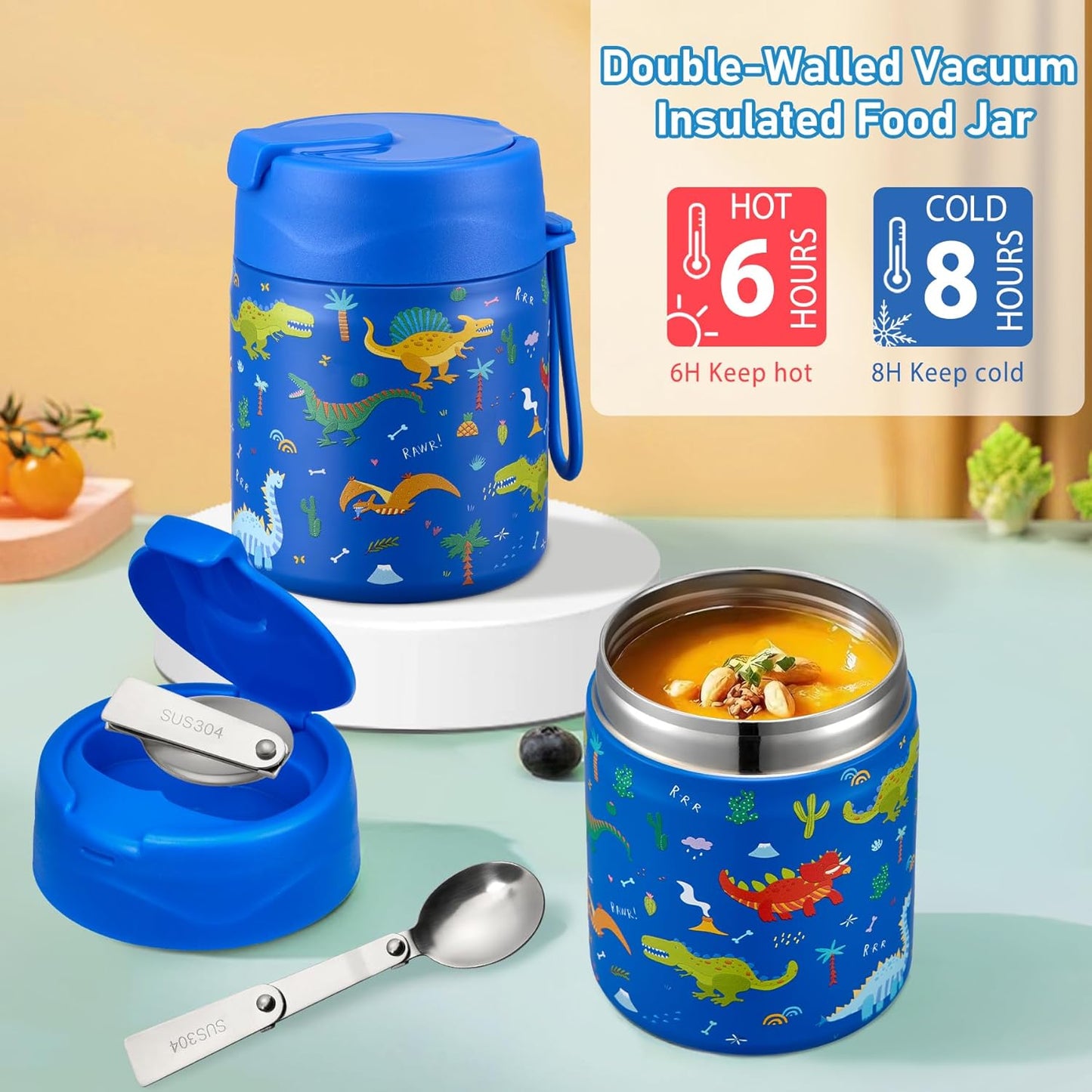 Bento Lunch Box for Kids with 17oz Soup Thermo,Insulated Tumbler Water Bottle and Insulated Lunch Bag,Leak-Proof 3 Compartment Lunch Food Container with Ice Pack for Kids to School-Horse