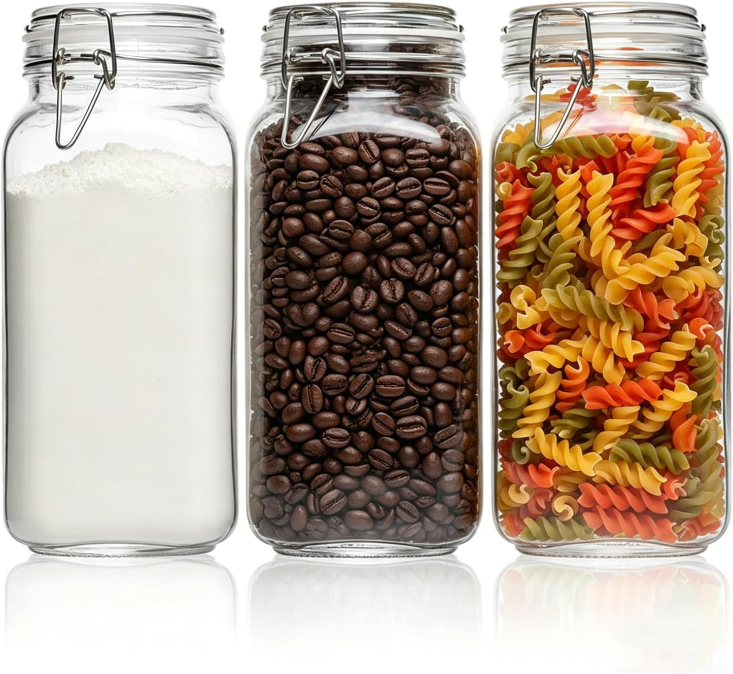 ComSaf Set of 3 Square Glass Jars with Airtight Lids (51 Oz) — Wire Clamp Canisters for Small-Batch Pickling, Kimchi, Bulk Dry Food, Wide Mouth Space Saving Kitchen Pantry Organization Jars
