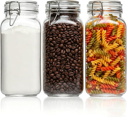 ComSaf Set of 3 Square Glass Jars with Airtight Lids (51 Oz) — Wire Clamp Canisters for Small-Batch Pickling, Kimchi, Bulk Dry Food, Wide Mouth Space Saving Kitchen Pantry Organization Jars