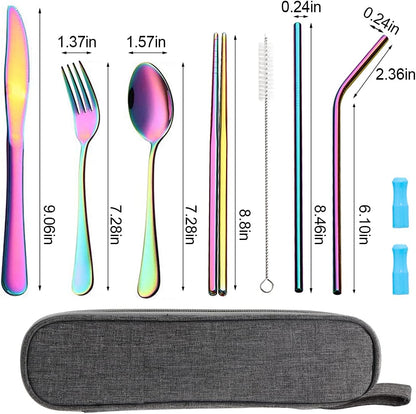 Travel Utensils Set with Case Reusable Portable Cutlery Set Stainless Steel 8pcs Including Dinner Knife Fork Spoon Chopsticks Straws(Rainbow)