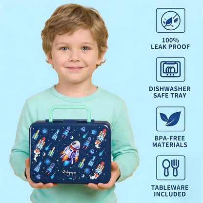 rockpapa Chill Bento Box for Kids- Large 5.5 Cups Lunch Box with Ice Pack - 5 Compartments, BPA-Free, Leak Proof, with Utensils & Portable Handle, Microwave/Dishwasher Safe (Purple Butterfly)
