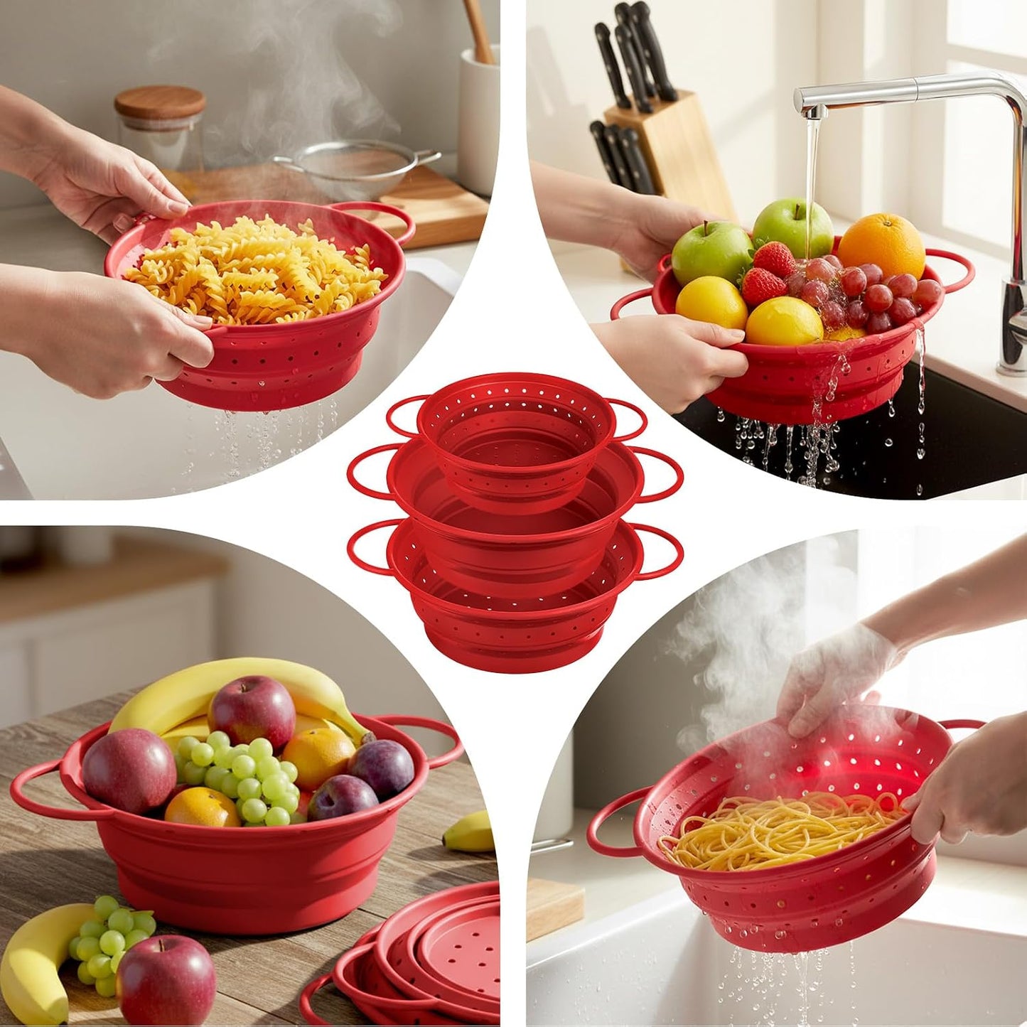 3 Pack Collapsible Colander with Strainer Bowl Set, 11 & 13 In BPA-Free Silicone Colanders for Kitchen, Heat-Resistant Strainer Dishwasher Safe Baskets for Vegetable Fruits(White)