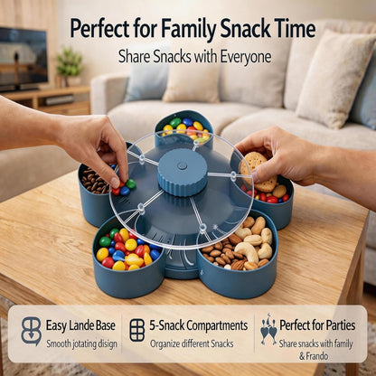 Snack Spinner with Lid, Rotating 5 Compartment Snack Tray for Fruit, Nuts, Candy and Appetizers, Divided Serving Container for Party, Family Night and Kitchen Counter (Blue)