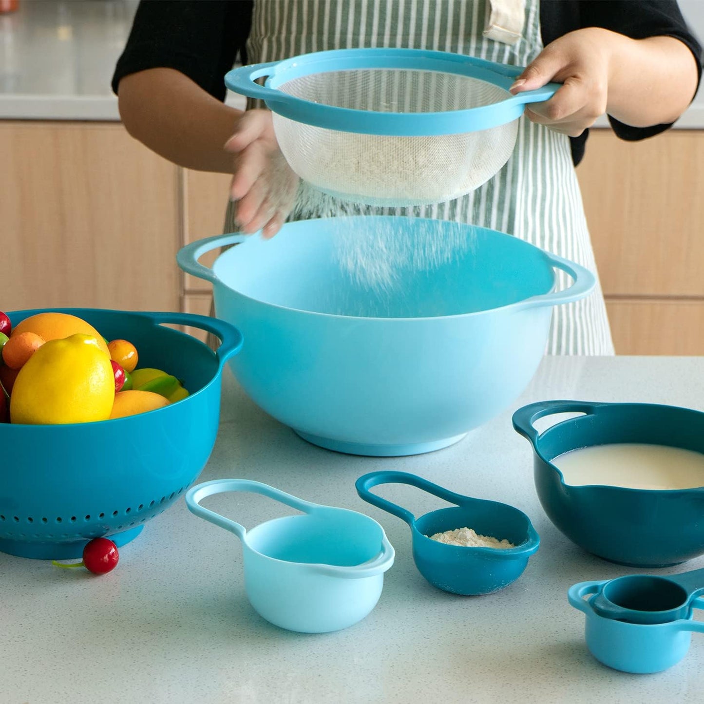 13 Pcs Mixing Bowls Set, RV Camping Accessories Set, Apartment Kitchen Gadget Easy Storage, Inculding Measuring Cups Colander Sifter Large Bowl Whisk Scraper, Great for Cooking and Baking, No BPA