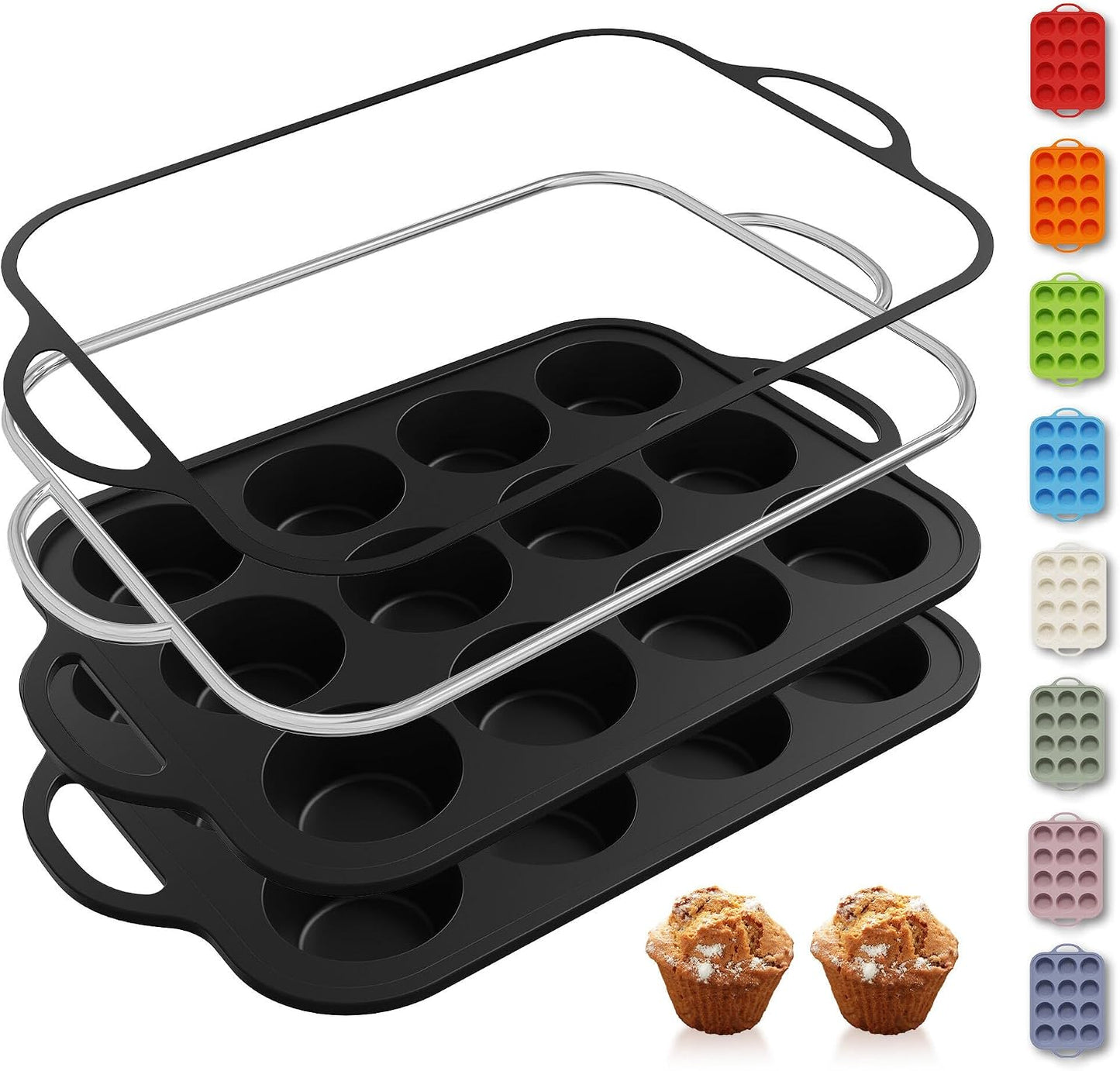 2 Packs 12 Cups Silicone Muffin Pan for Baking with Metal Reinforced Frame Regular Size Cupcake Pan Tray Egg Bites Silicone Cookie Molds Muffin Tin Tart Pans Sheet Set for Oven Dishwasher Safe