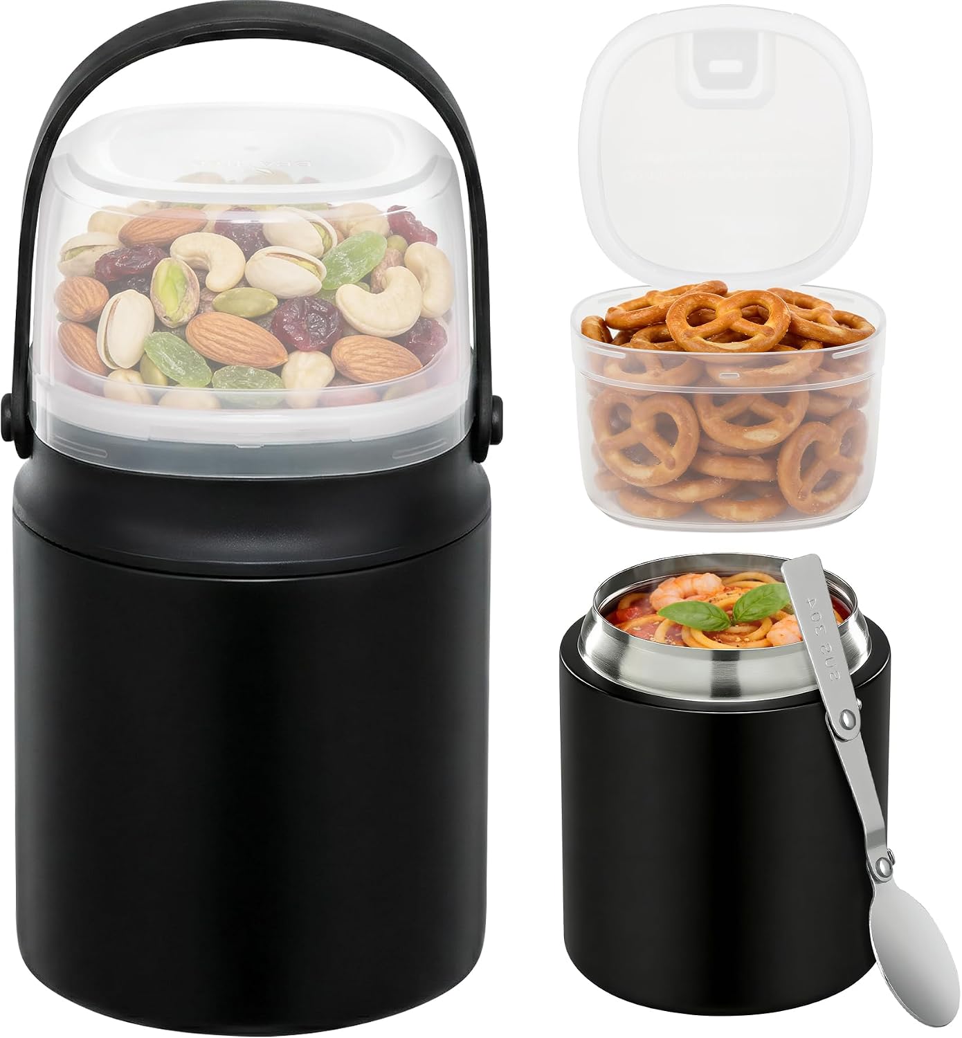 2 - in - 1 Soup Thermo for Hot Food 14oz with Snack Box Container Leak Proof Insulated Lunch Container Kids and Adults Stainless Steel Double Wall Vacuum Wide-mouth Thermal with Spoon and Handle