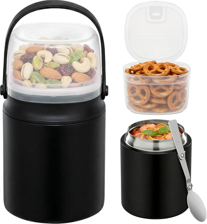 2 - in - 1 Soup Thermo for Hot Food 14oz with Snack Box Container Leak Proof Insulated Lunch Container Kids and Adults Stainless Steel Double Wall Vacuum Wide-mouth Thermal with Spoon and Handle