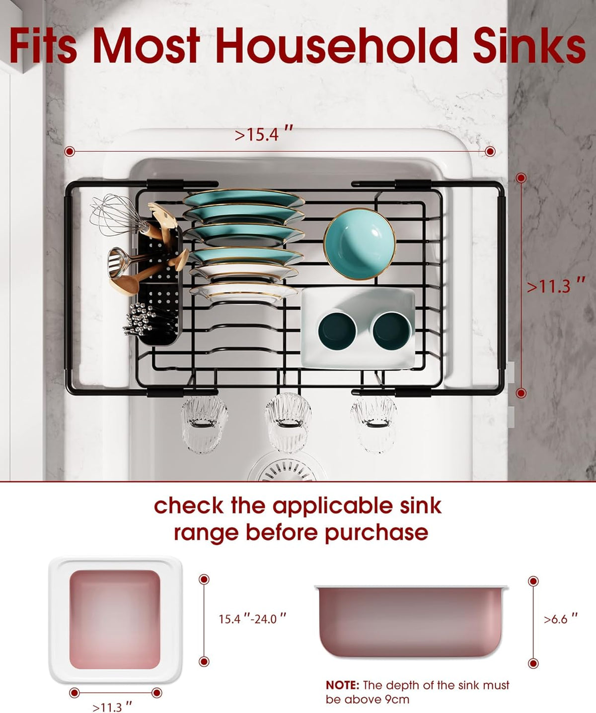 Sakugi Dish Drying Rack in Sink - Expandable Stainless Steel Dish Rack Over the Sink, Kitchen Sink Drain Strainer with Cutlery Holder & Cup Holders, 15.4 x 9.8 x 3.0 Inch, Black