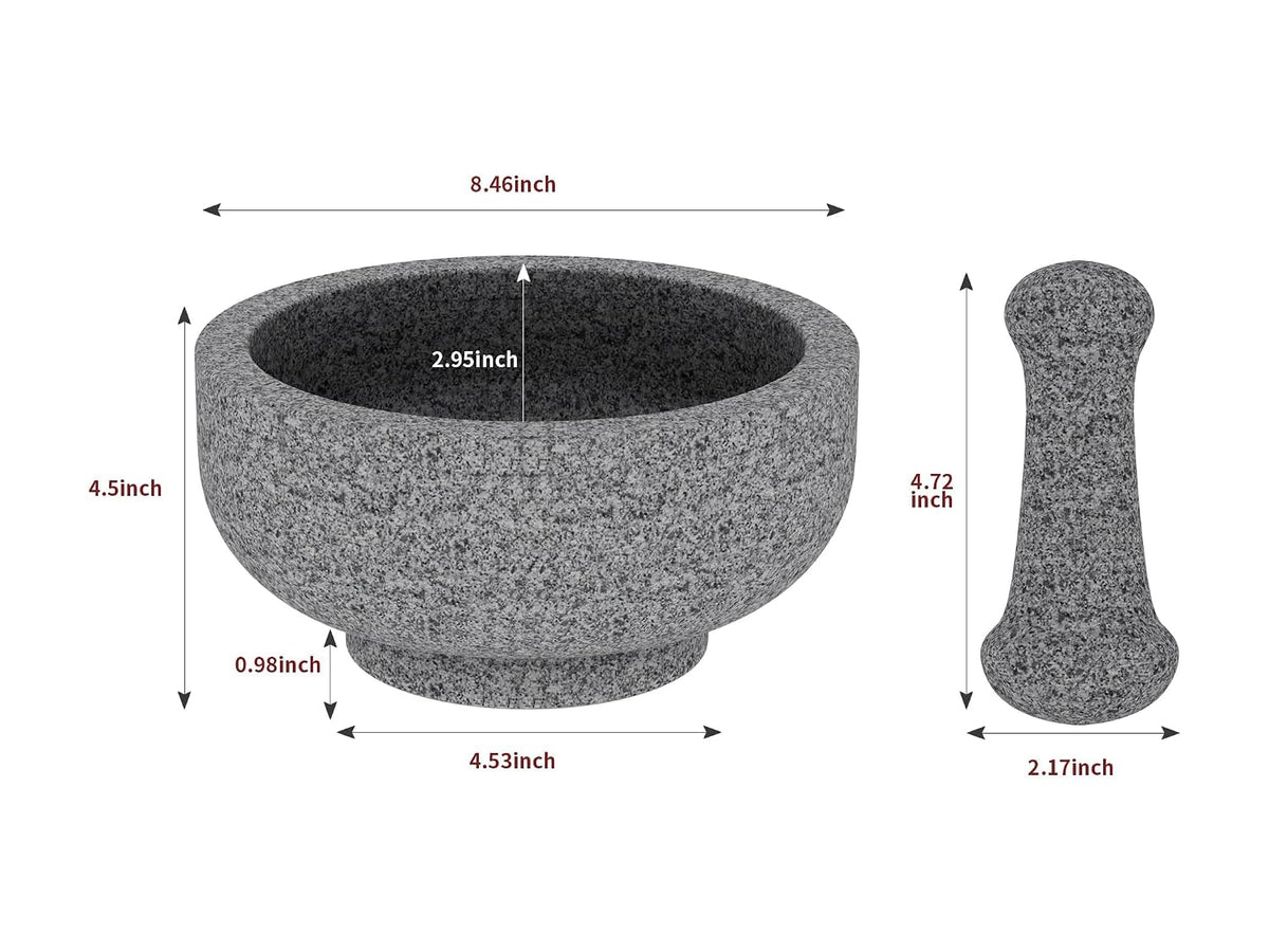 Large Mortar and Pestle Set- 4 Cup Unpolished Granite Bowl Heavy Duty Molcajete Mexicano Guacamole Pastes Pestos Salsa Bowl, Grind Seeds, Herbs, Pills, Kitchen Lab Muddler, Gray, 8 Inches