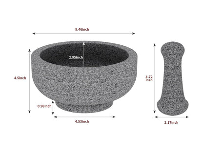 Large Mortar and Pestle Set- 4 Cup Unpolished Granite Bowl Heavy Duty Molcajete Mexicano Guacamole Pastes Pestos Salsa Bowl, Grind Seeds, Herbs, Pills, Kitchen Lab Muddler, Gray, 8 Inches