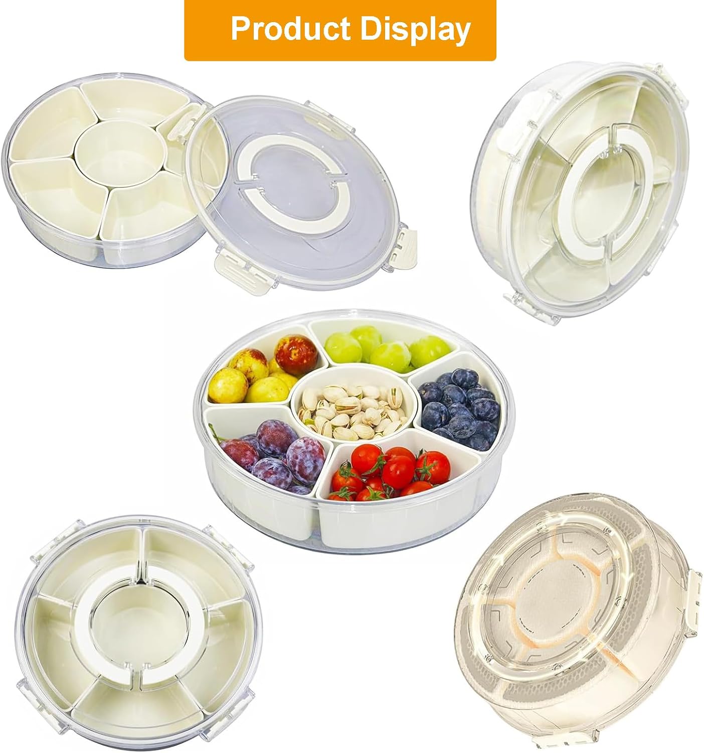 Divided Serving Tray with Lid and Handle, 360° Rotating Snackle Box Container, Stackable Storage Box for Fruit Candy Veggie Spice, Portable Organizer for Kitchen Party Travel Picnic, 10.63x2.95 Inch