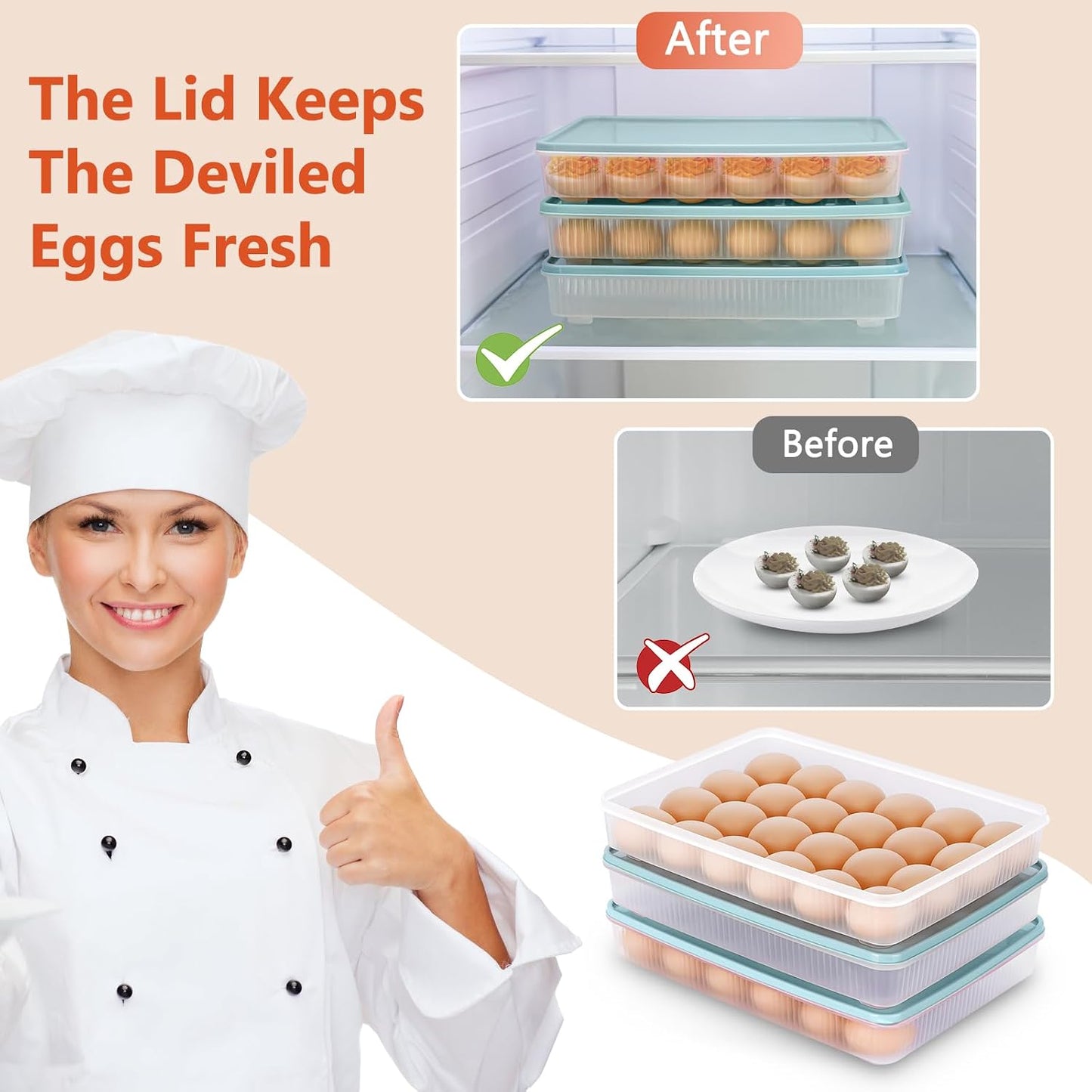 3 Pack Deviled Egg Containers with Lid and 8 Pcs Deviled Egg Injector Piping Tool, Egg Organizer for Refrigerator, Fridge Stackable Countertop Portable Egg Platter (pink,blue,green)
