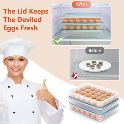 3 Pack Deviled Egg Containers with Lid and 8 Pcs Deviled Egg Injector Piping Tool, Egg Organizer for Refrigerator, Fridge Stackable Countertop Portable Egg Platter (pink,blue,green)