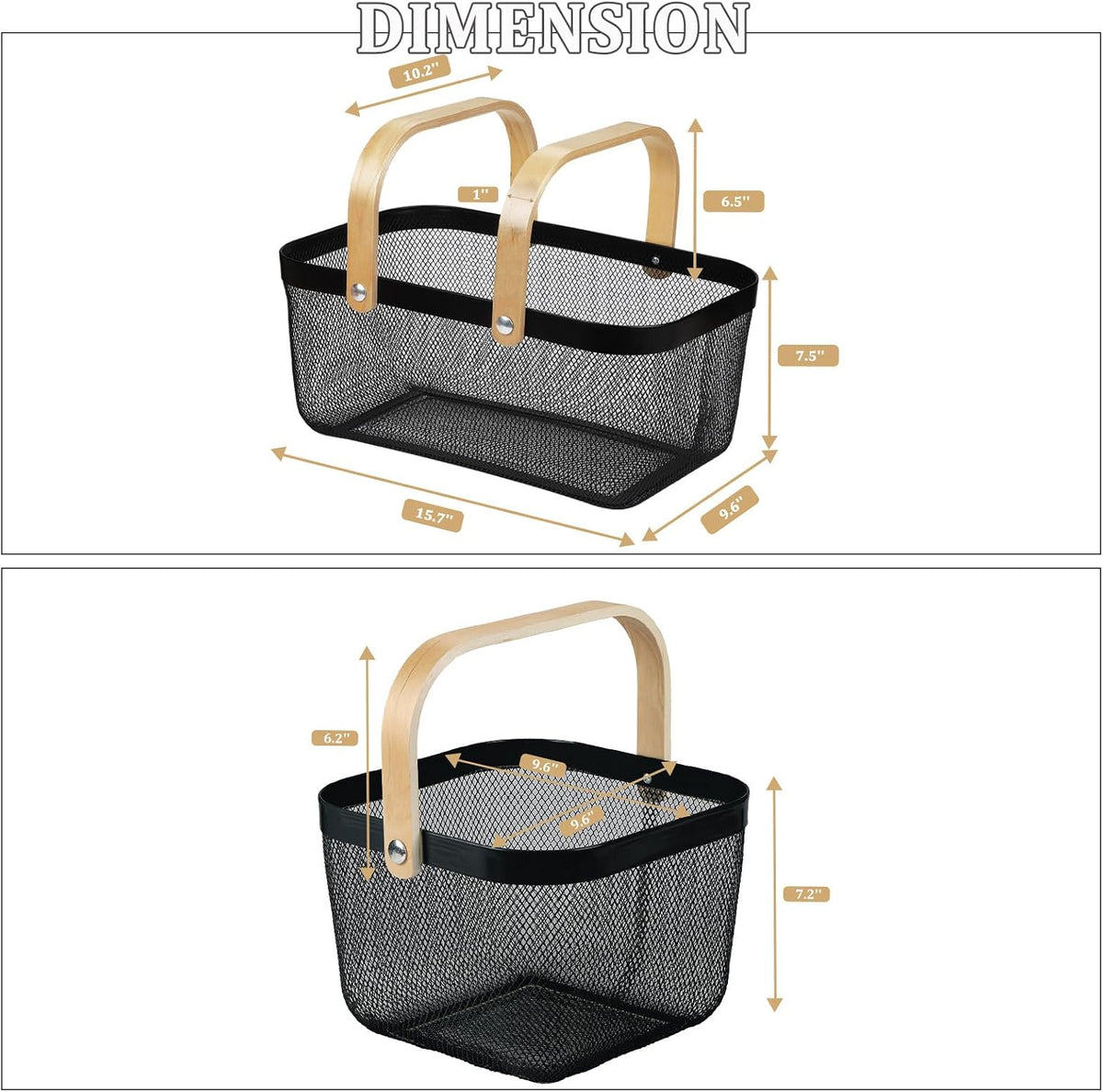 Coloful Metal Mesh Wire Basket with Foldable Wooden Handle,Bin Garden Fruit Vegetable Storage Hanging Harvest Holder for Kitchen Bathroom Picnic (Yellowish Green, Cuboid-15.7 x 9.5 x 7.2“)