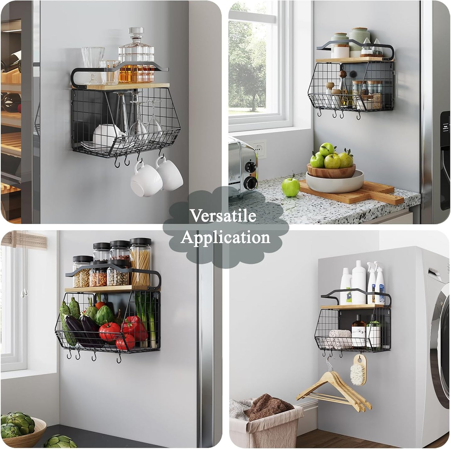 Mefirt 2pcs Fruit Basket Kitchen Storage Basket with Wood Lid, Stackable Wall Basket Fruit Basket for Kitchen, Countertop Organizer for Snack, Fruit and Veggie Storage, 11.8 x 7.9 x 8.5 Inch