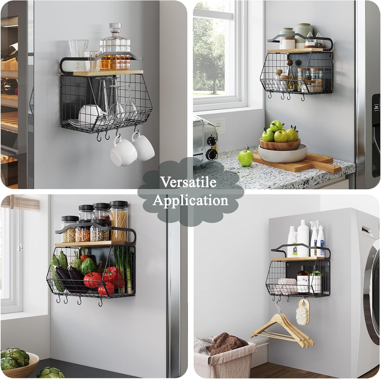 Mefirt Fruit Basket, 2-Tier Fruit Bowl for Kitchen Counter, Stackable Wall Mounted Fruit Storage, Snack Organizer, Potato and Onion Storage Basket, Hanging Pantry Storage with Wood Lid, 2 Set, White