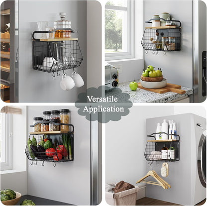 Mefirt Fruit Basket, 2-Tier Fruit Bowl for Kitchen Counter, Stackable Wall Mounted Fruit Storage, Snack Organizer, Potato and Onion Storage Basket, Hanging Pantry Storage with Wood Lid, 2 Set, White