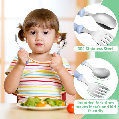 Patelai 9 Pcs Toddler Utensils with Case Stainless Steel Fork and Spoon Set Safe Baby Silverware Children Flatware Kids Cutlery with Round Handle for Lunchbox, Dishwasher Safe(Blue, Green, Pink)