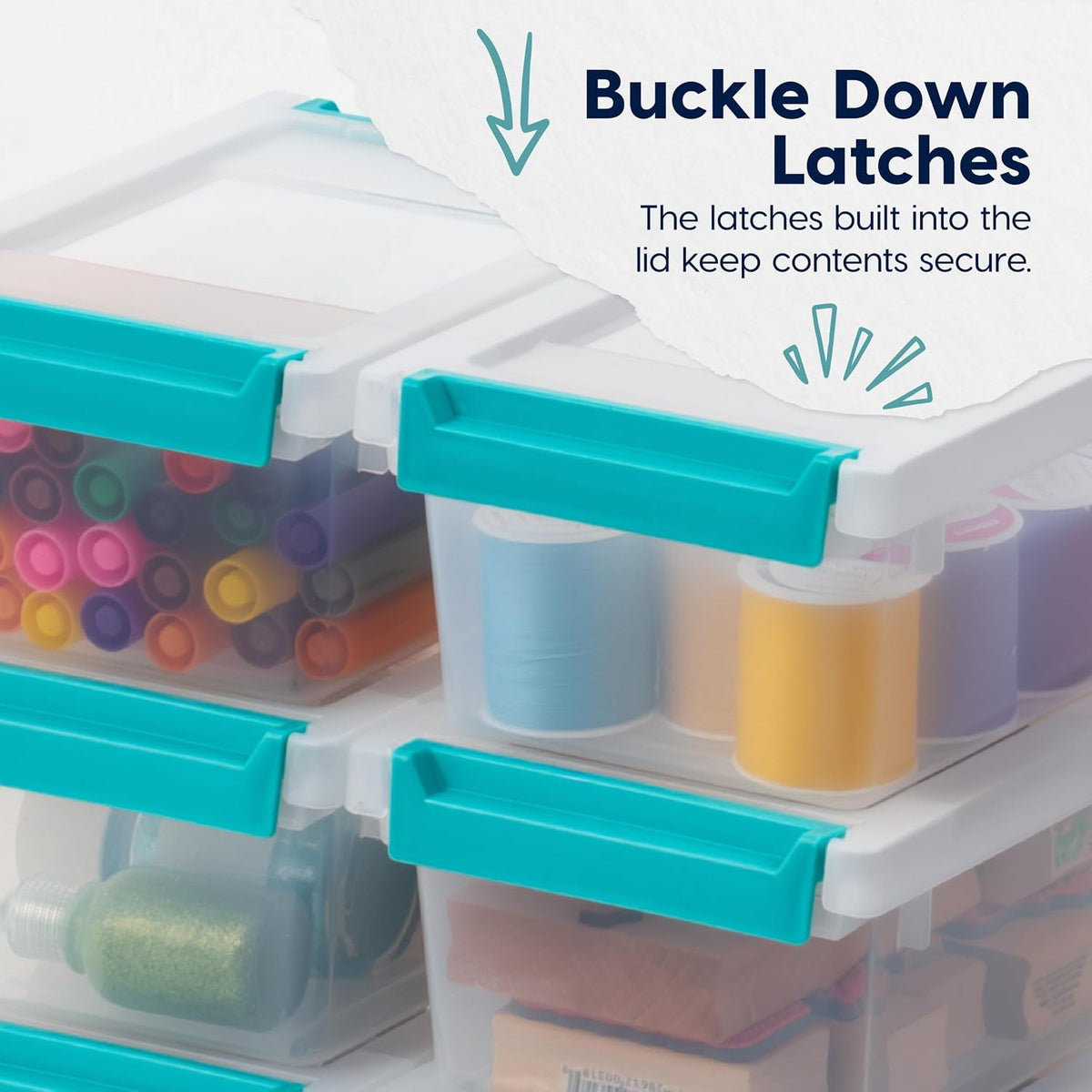 IRIS USA 12 Qt. Craft Storage Bins with Lids, 4-Pack, |Made in USA|, Clip Box, Medium Plastic Sensory Bin Tote Organizer Containers for Art Supplies, Paper, & Office, Stackable - Clear/Seafoam Blue